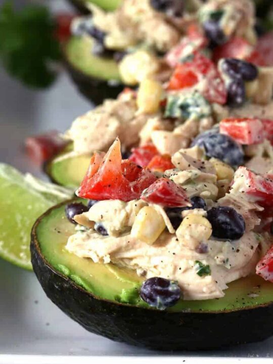 Southwest Chicken Salad Stuffed Avocado » The Thirsty Feast