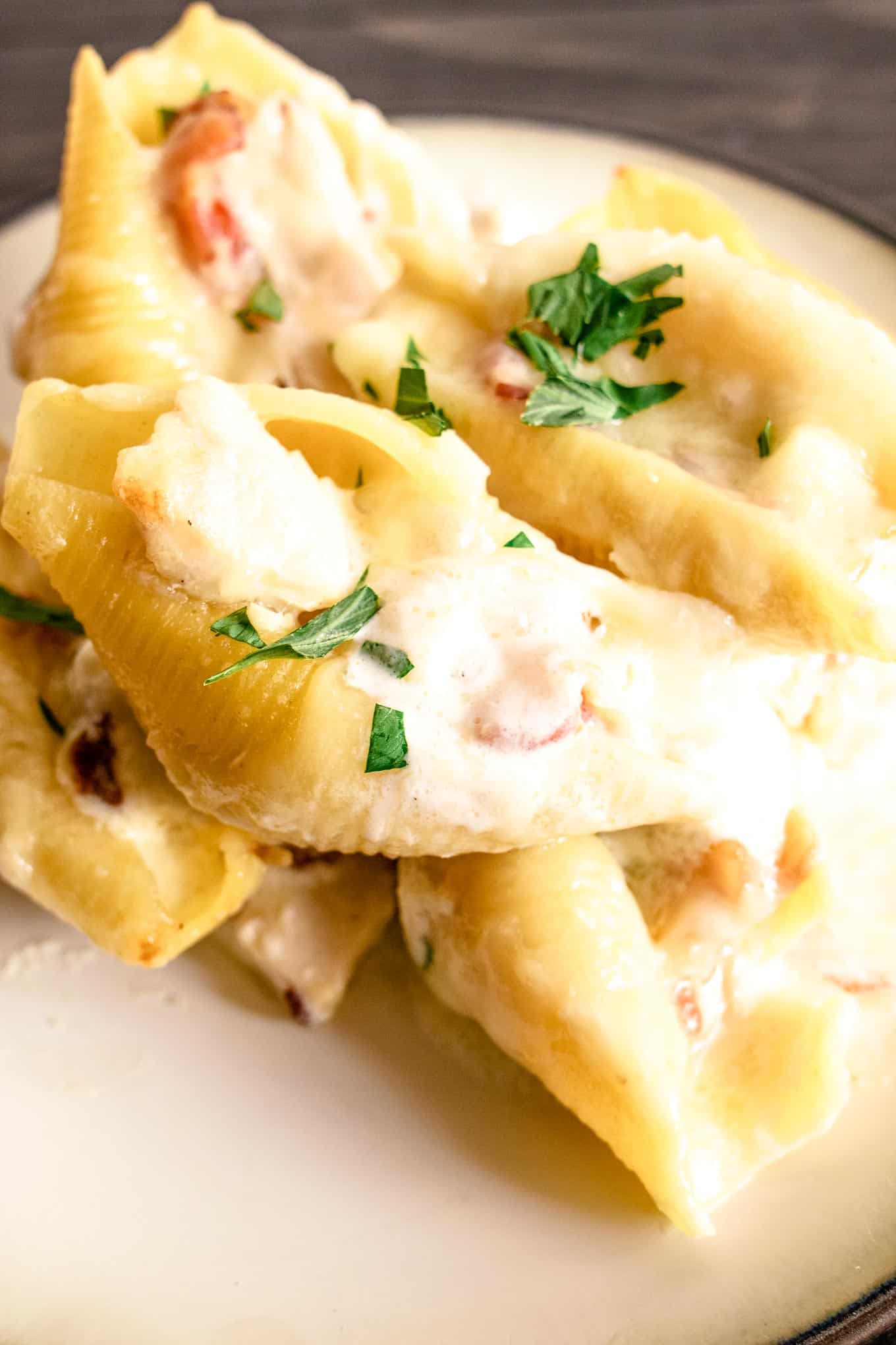 Chicken Bacon Alfredo Stuffed Shells » The Thirsty Feast by honey and birch