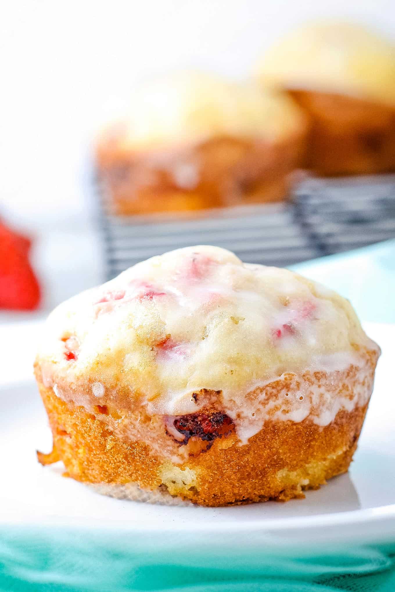 one strawberry muffin topped with glaze